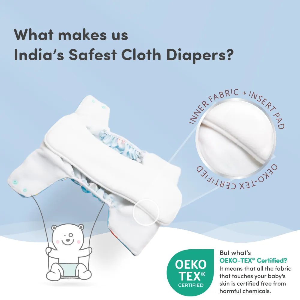 Adjustable Washable & Reusable Cloth Diaper With Dry Feel, Absorbent Insert Pad (3M-3Y) | Oeko-Tex Certified | Prevents Rashes - Assorted Colors - Pack of 4