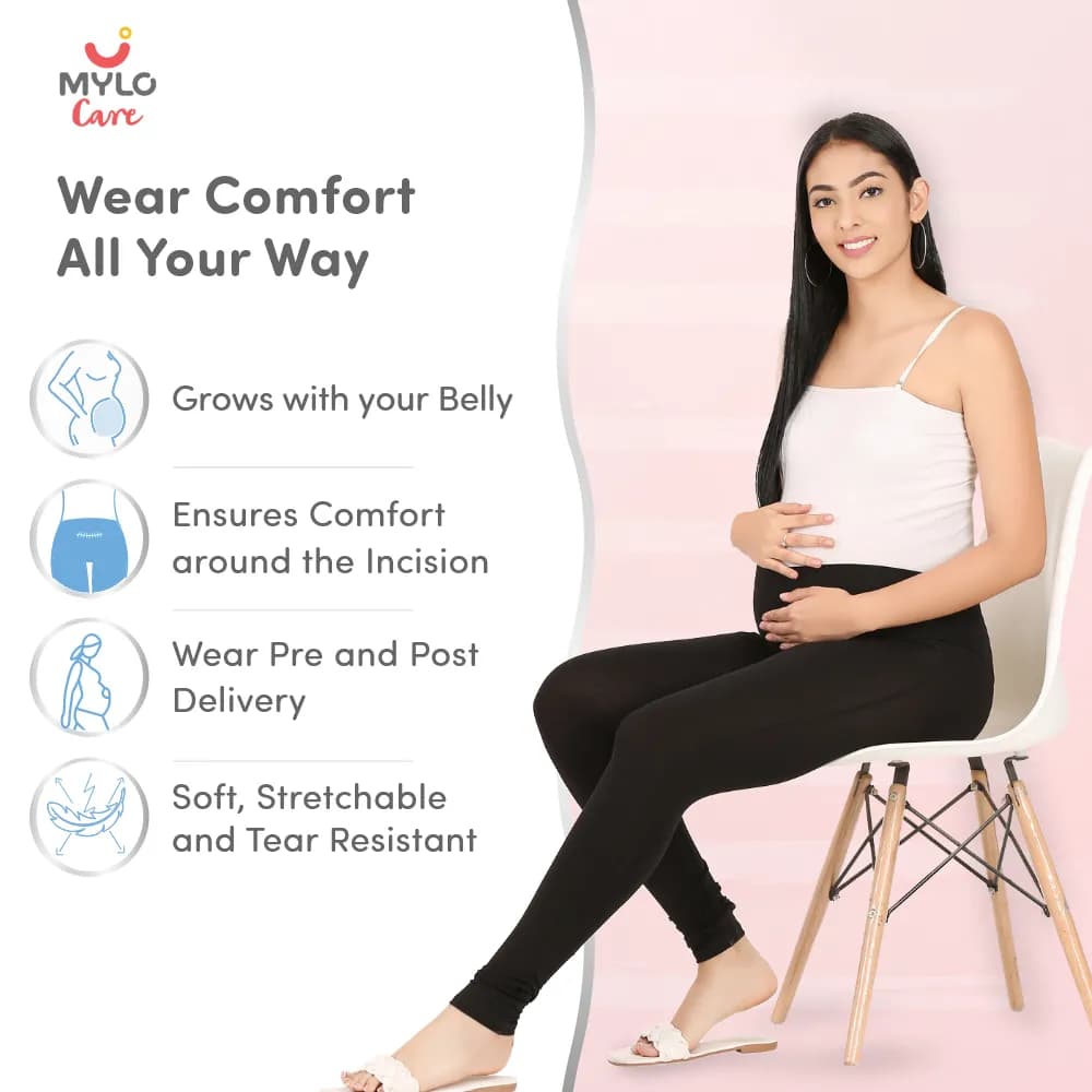 Stretchable Maternity Leggings for Women | Comfortable, Soft & Gentle on the Skin | Ideal for Pre & Post Delivery - Black - L