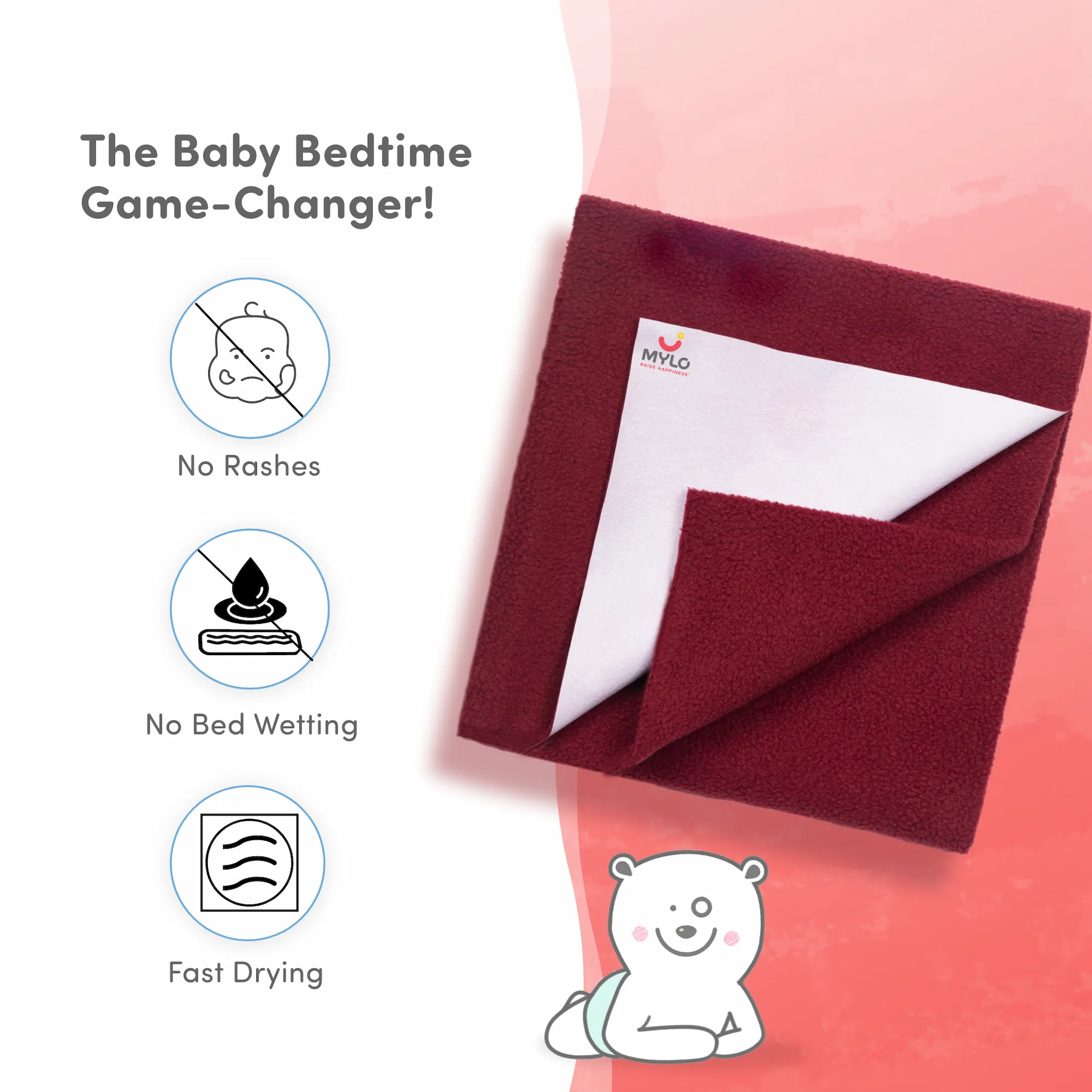 Waterproof Extra Absorbent Baby Dry Sheet & Bed Protector | Guards Against Spills, Stains & Nappy Leaks | Foldable & Portable - Maroon - M