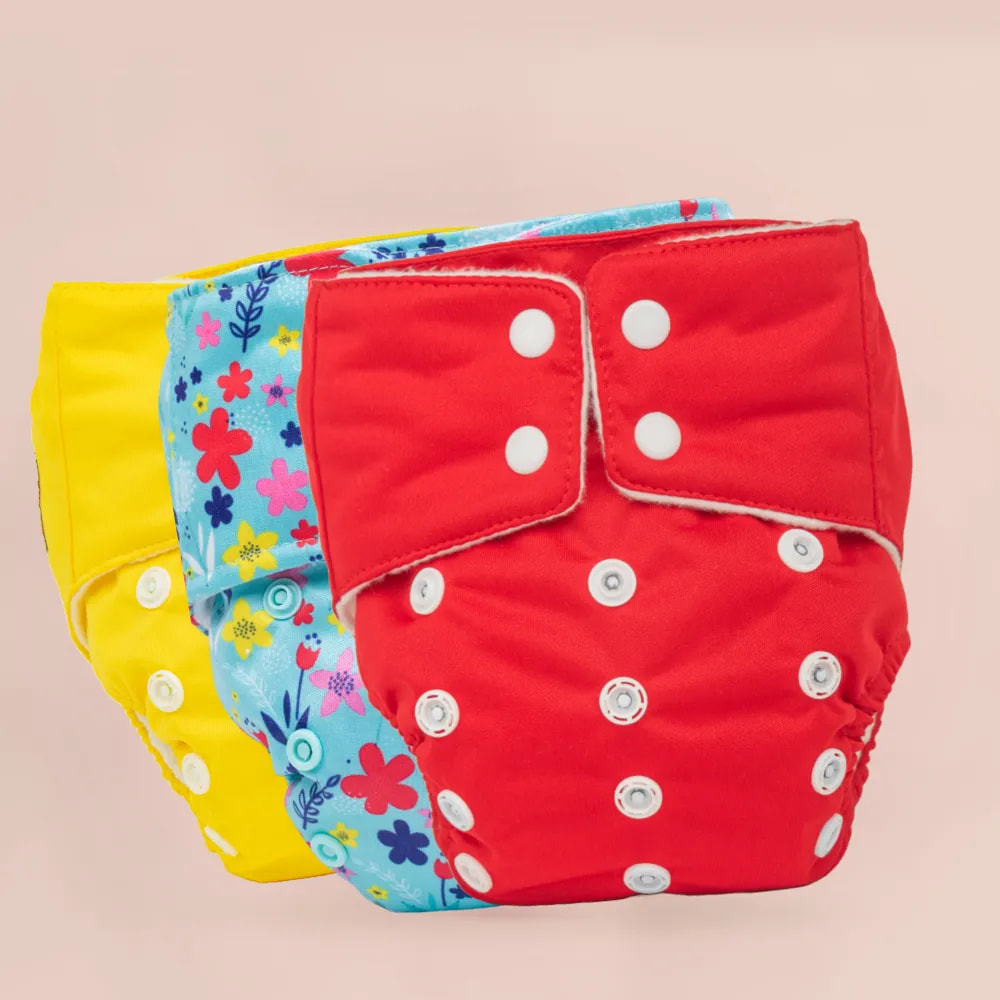 Adjustable & Reusable Cloth Diaper - 2 Solid + 1 Floral Spring - Pack of 3