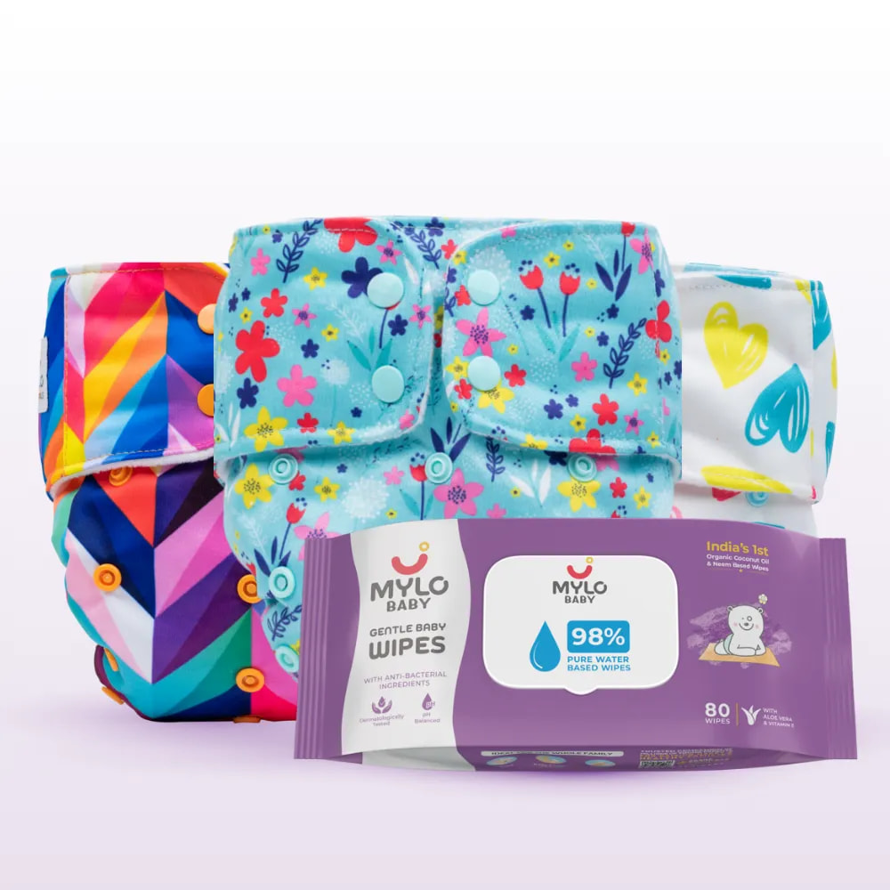 Adjustable Washable & Reusable Cloth Diaper With Dry Feel, Absorbent Insert Pad (3M-3Y) | Oeko-Tex Certified | Prevents Rashes - Rainbow, Floral Spring, Heart Doodles + Gentle Baby Wipes with Organic Coconut oil & Neem - Pack of 3