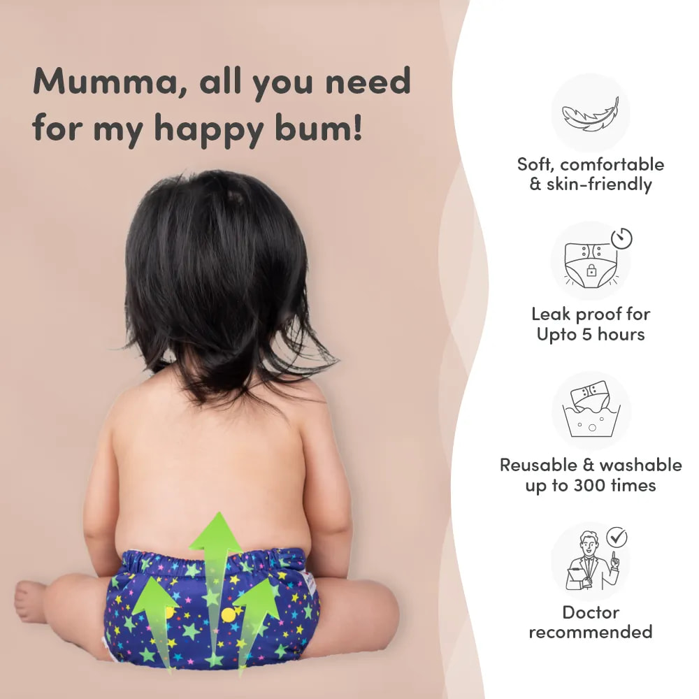 Adjustable Washable & Reusable Cloth Diaper With Dry Feel, Absorbent Insert Pad (3M-3Y)  | Oeko-Tex Certified - Twinkle Twinkle, ABC & Rainbow - Pack of 3