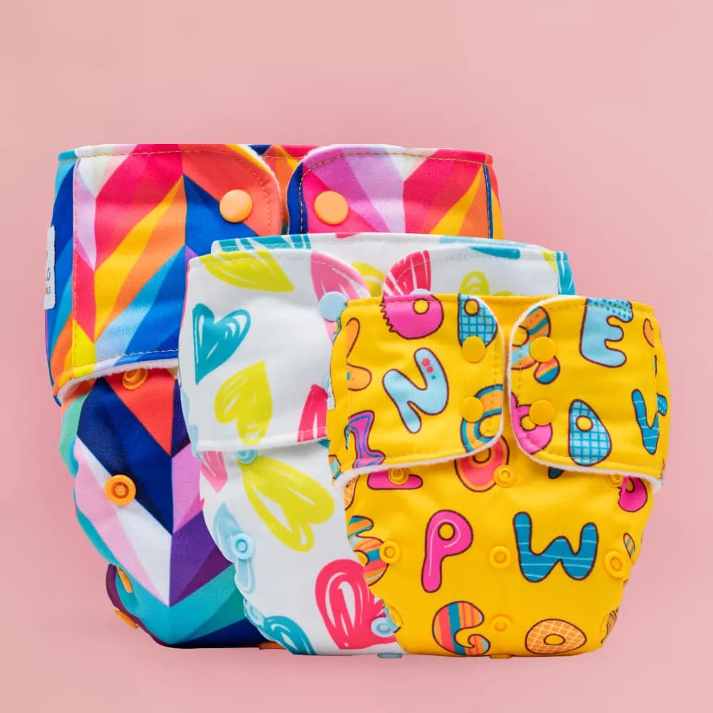 Adjustable & Reusable Cloth Diaper - Heart Doodles, ABC & Rainbow - Pack of 3