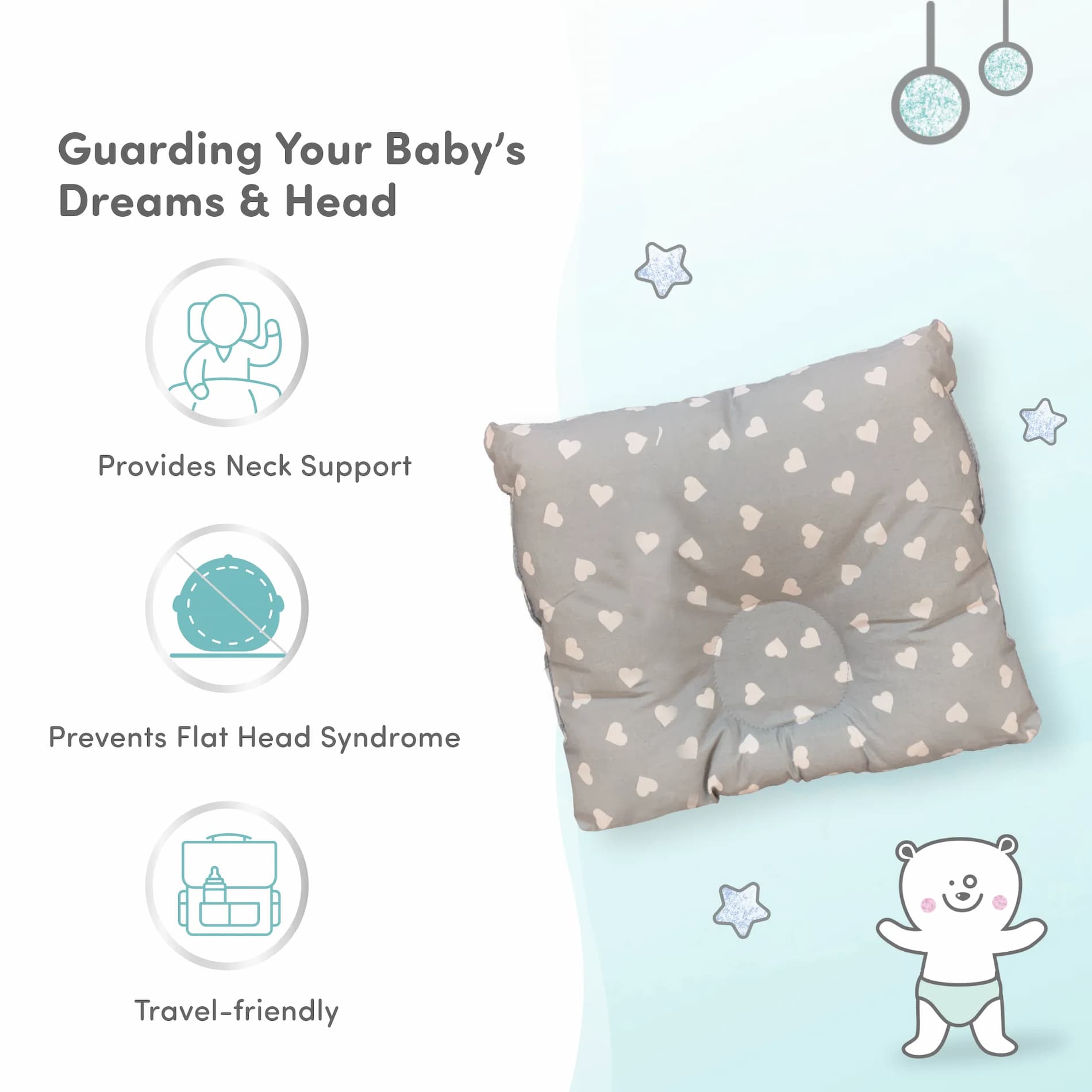 Premium Head Shaping Baby Pillow | Provides Neck Support | Prevents Flat Head Syndrome | Portable & Lightweight | 0-36 Months | Shades of Grey
