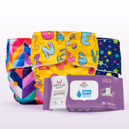 Combo of Free Size Washable & Reusable Cloth Diaper (3M-3Y)-Pack of 3(Twinkle +ABC +Rainbow) with Coconut oil & Neem based Wipes - Pack of 3