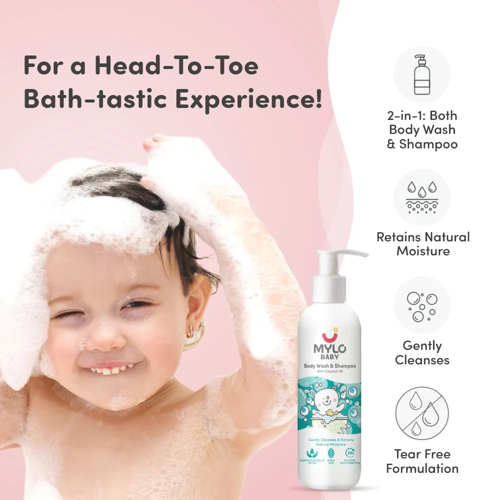 Baby Essentials Gift Set - Baby Body Wash & Shampoo (200ml), Daily Moisturising Lotion for Babies (200ml), Cold Pressed Extra Virgin Coconut Oil (200ml), Baby Natural Tummy Roll On (40ml) & Gentle Baby Wipes with Lid (80 wipes * 3packs)