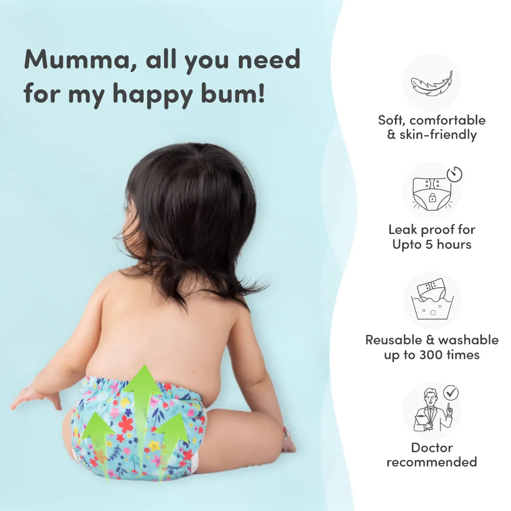 Adjustable Washable & Reusable Cloth Diaper With Dry Feel, Absorbent Insert Pad (3M-3Y) | Oeko-Tex Certified | Prevents Rashes - Heart Doodles, ABC & Floral Spring - Pack of 3