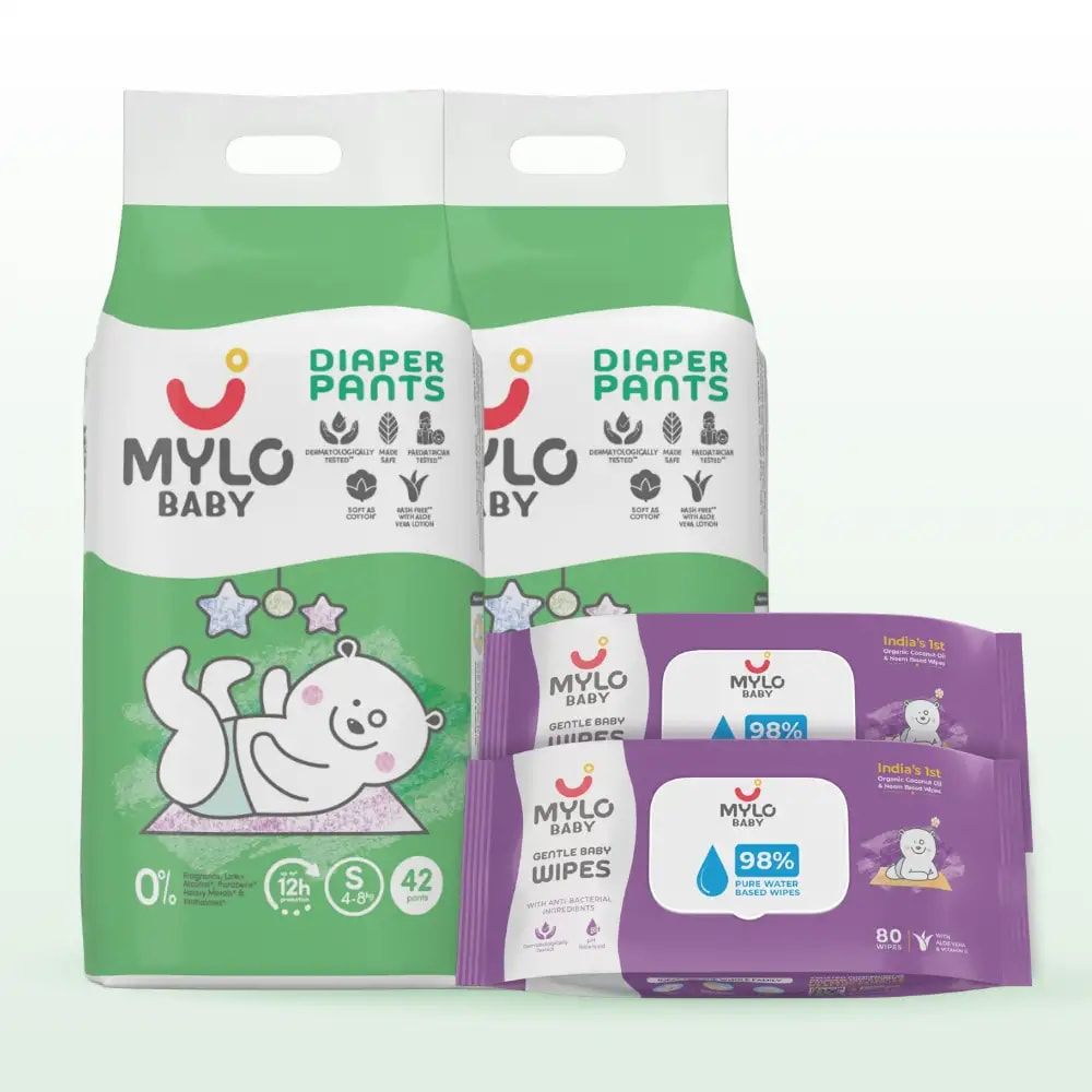Monthly Diapering Super Saver Combo - Baby Diaper Pants Small (S) - (84 count)(Pack of 2) + Baby Wipes (Pack of 2)