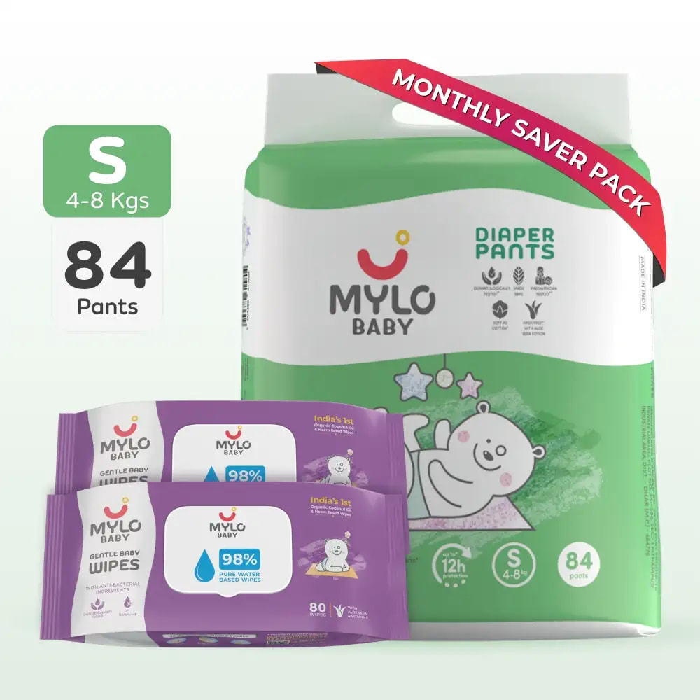 Monthly Diapering Super Saver Combo - Baby Diaper Pants Small (S) - (84 count) + Baby Wipes (Pack of 2)