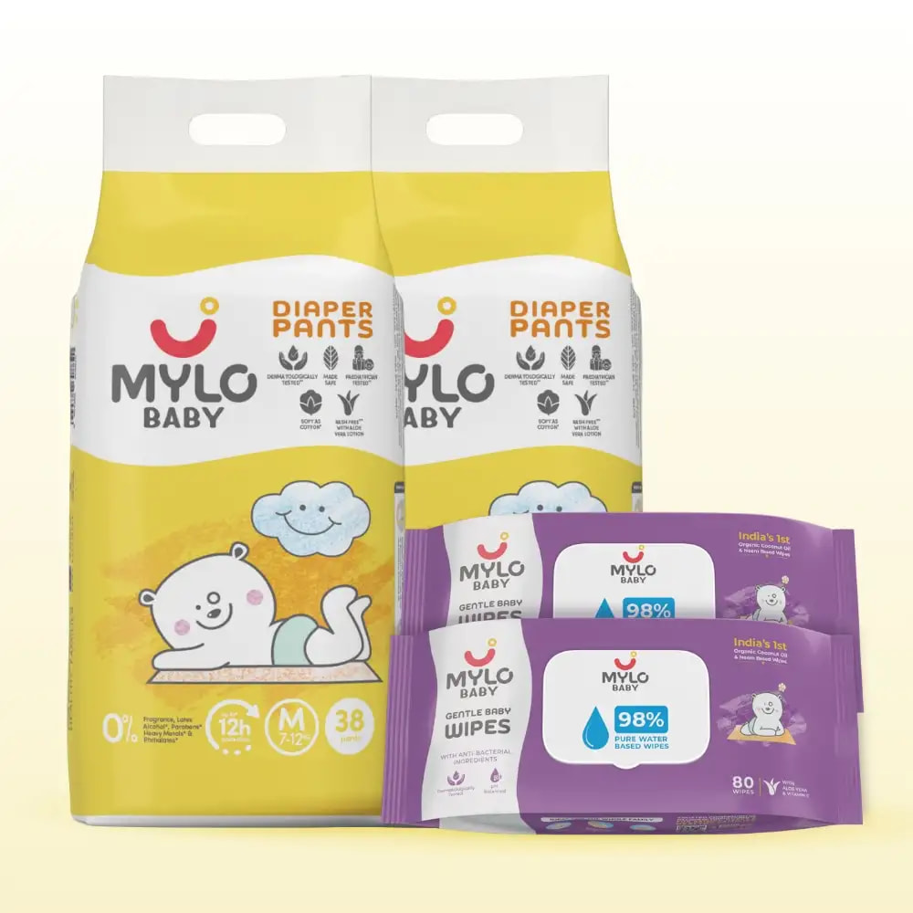 Monthly Diapering Super Saver Combo - Baby Diaper Pants Medium (M) - (76 count)(Pack of 2) + Baby Wipes (Pack of 2)