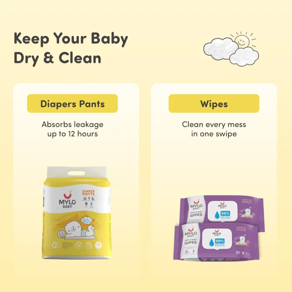 Monthly Diapering Super Saver Combo - Baby Diaper Pants Medium (M) - (76 count) + Baby Wipes (Pack of 2)