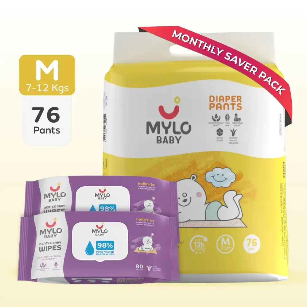 Monthly Diapering Super Saver Combo - Diaper Pants (M) Size  + Wipes - Pack of 2
