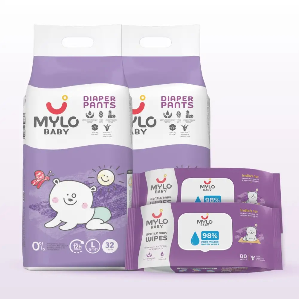 Monthly Diapering Super Saver Combo - Baby Diaper Pants Large (L) - (64 count)(Pack of 2) + Baby Wipes (Pack of 2)