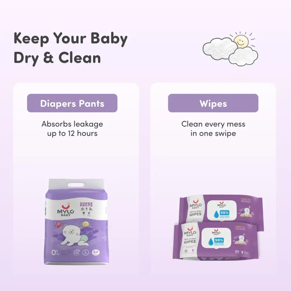 Monthly Diapering Super Saver Combo - Baby Diaper Pants Large (L) - (64 count) + Baby Wipes (Pack of 2)