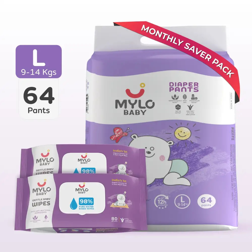 Monthly Diapering Super Saver Combo - Baby Diaper Pants Large (L) - (64 count) + Baby Wipes (Pack of 2)
