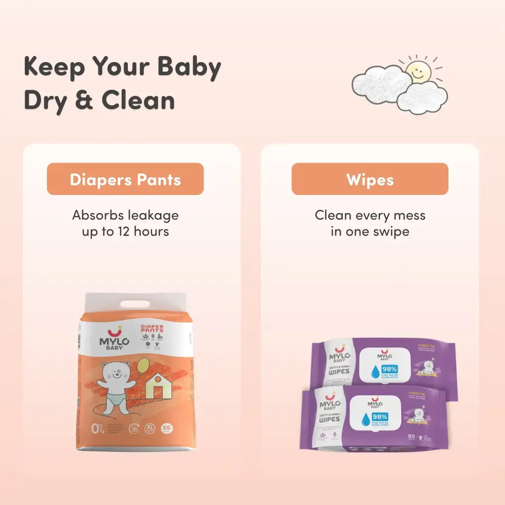 Monthly Diapering Super Saver Combo - Baby Diaper Pants Extra Large (XL) - (56 count) + Baby Wipes (Pack of 2)