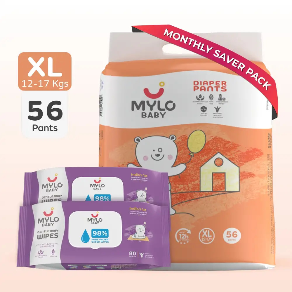 Monthly Diapering Super Saver Combo - Diaper Pants (XL) Size - 56 Count + Wipes - Pack of 2