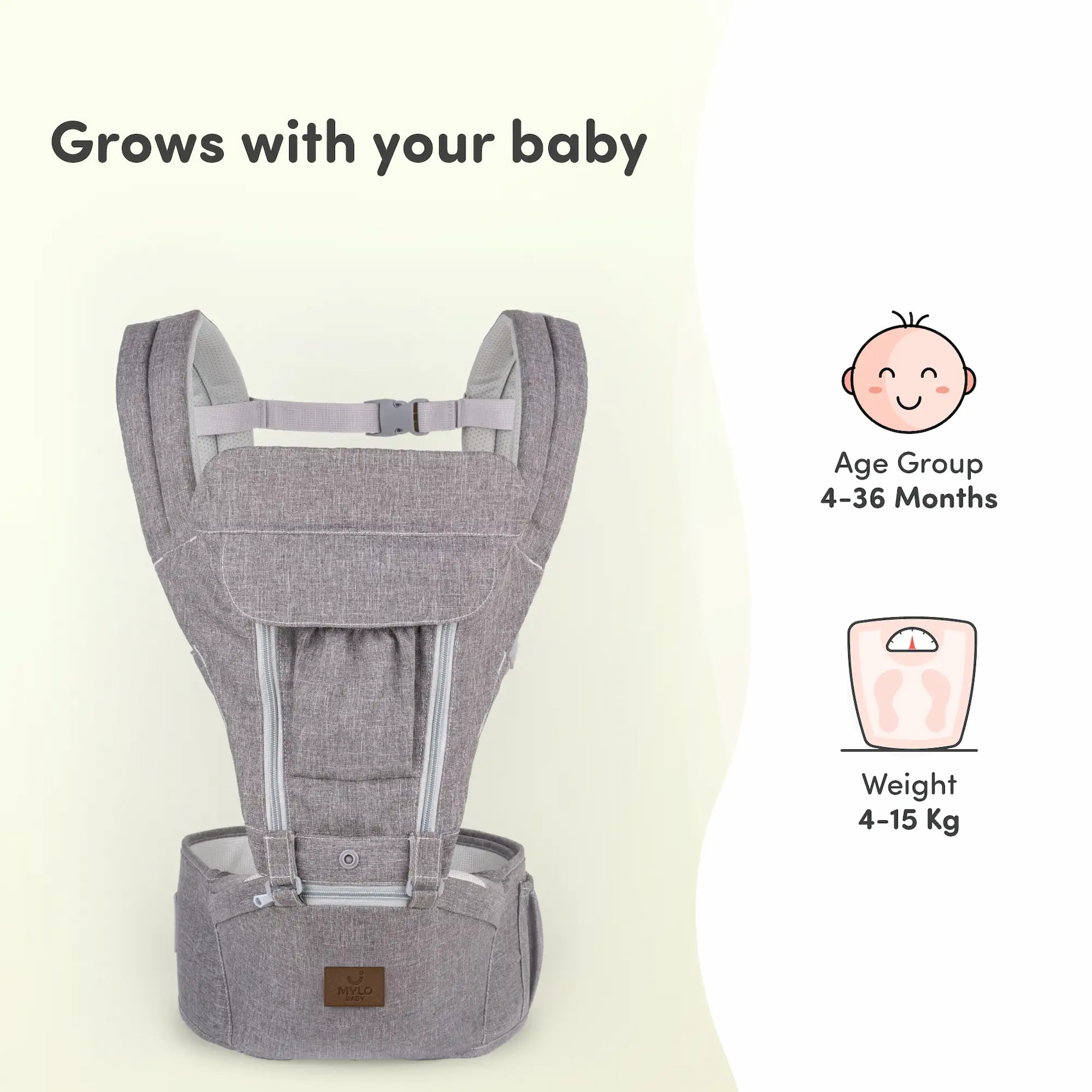Riviera Premium Baby Carrier Bag for 0 to 3 Year Baby with 6 Comfortable Carrying Positions | Premium Fabric | Wider Waist Belt | Ergonomic Hip Seat - Grey