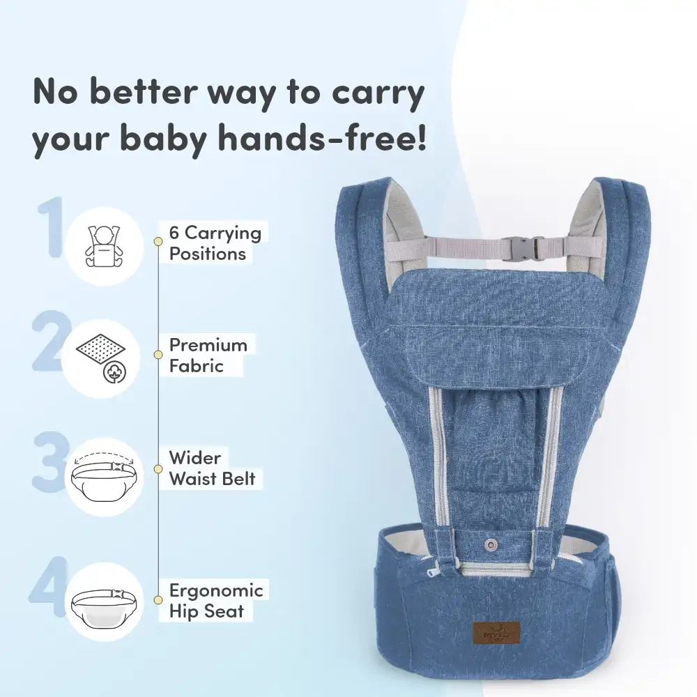 Riviera Premium Baby Carrier Bag for 0 to 3 Year Baby with 6 Comfortable Carrying Positions | Premium Fabric | Wider Waist Belt | Ergonomic Hip Seat - Blue