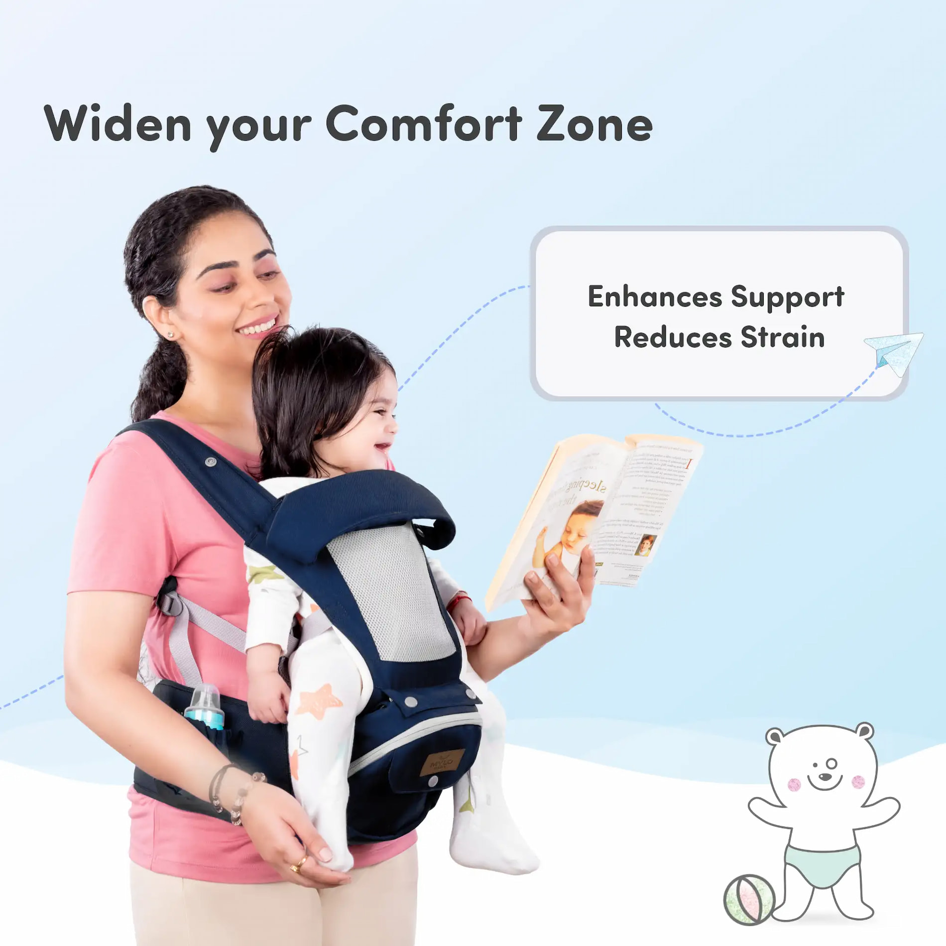 Vista Baby Carrier Bag for 0 to 3 Year Baby with 9 Comfortable Carrying Positions | Wider Waist Belt | Ergonomic Hip Seat | Safety Strap Buckle