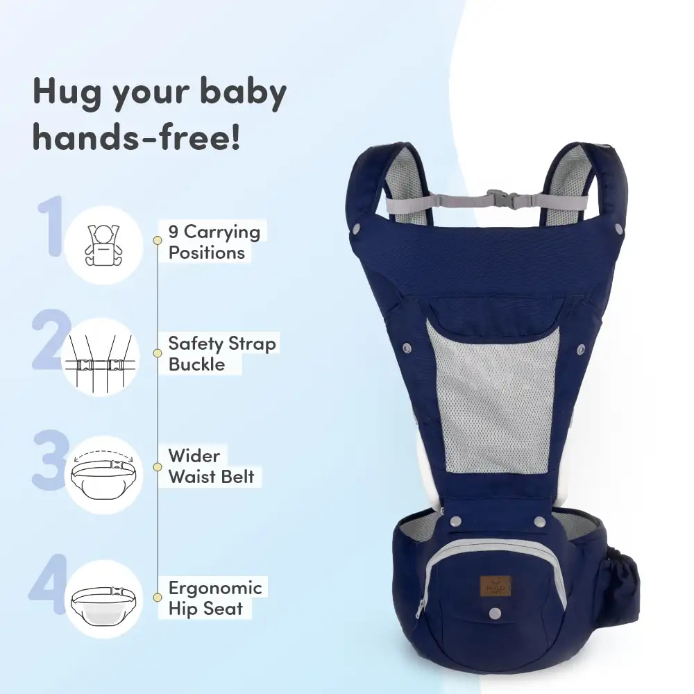 Vista Baby Carrier Bag for 0 to 3 Year Baby with 9 Comfortable Carrying Positions | Wider Waist Belt | Ergonomic Hip Seat | Safety Strap Buckle