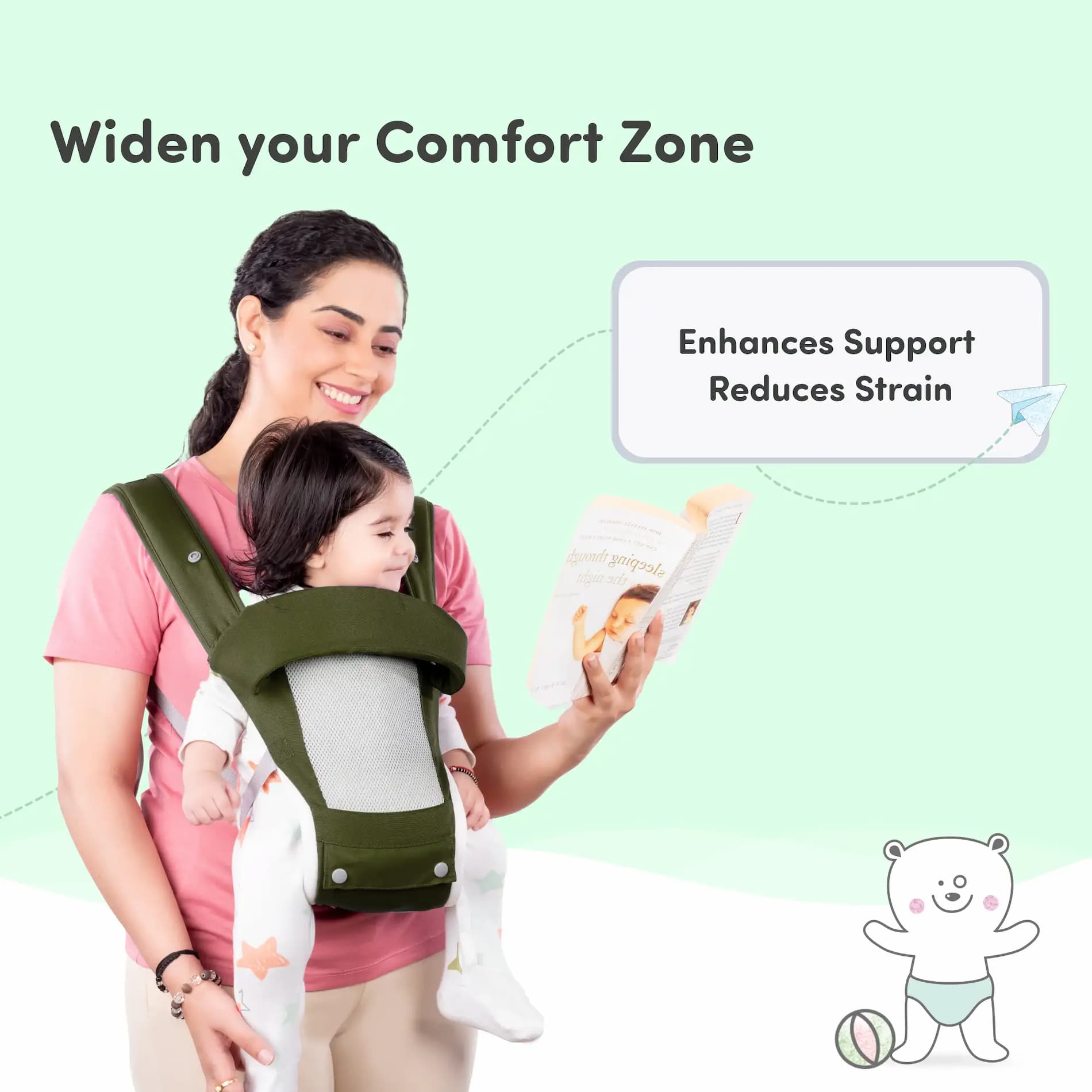 Vista Baby Carrier Bag for 0 to 3 Year Baby with 9 Comfortable Carrying Positions | Wider Waist Belt | Ergonomic Hip Seat | Safety Strap Buckle - Green