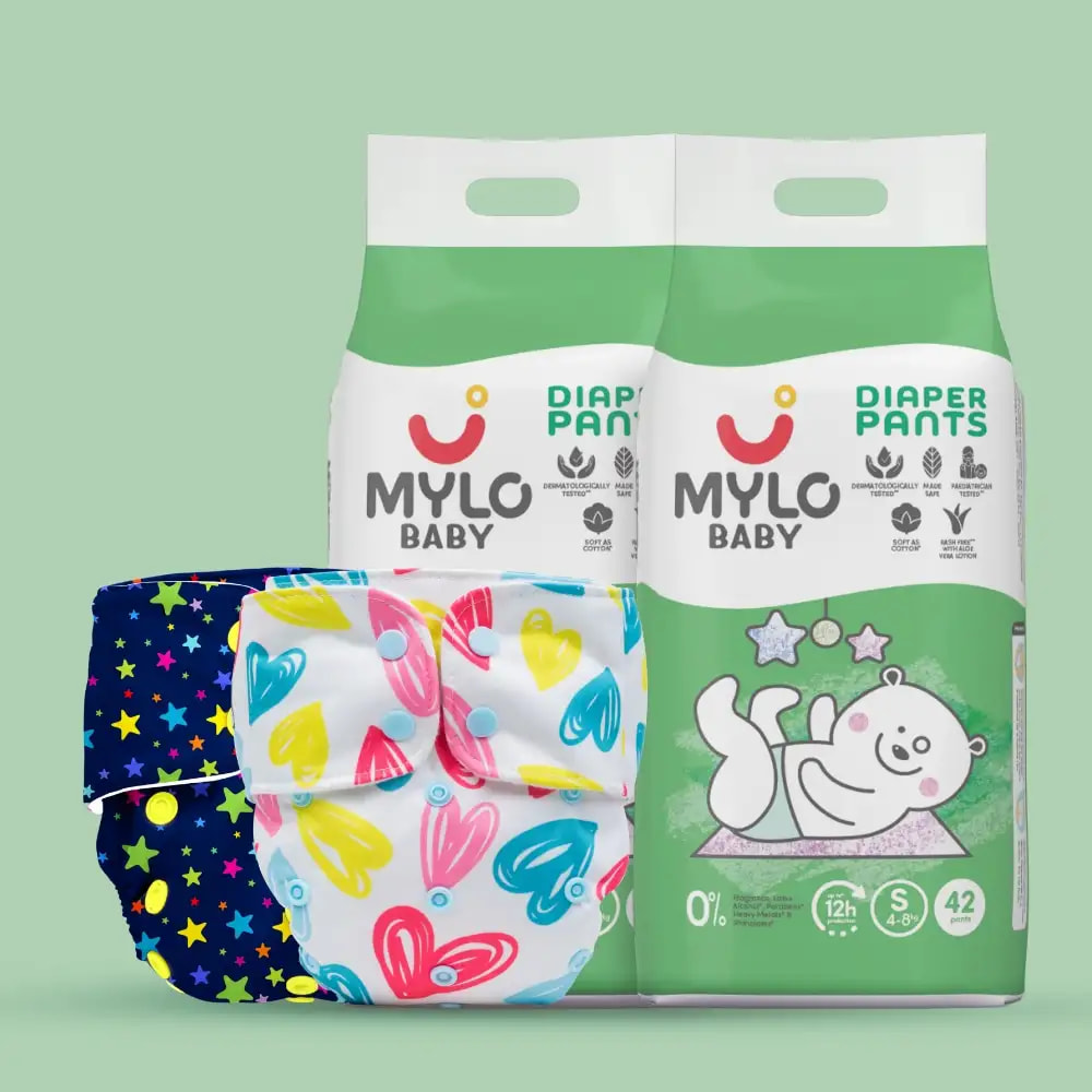 Day & Night Diapering Super Saver Combo- Small (Diaper Pants - Pack of 2 + Printed Cloth Diapers - 2)