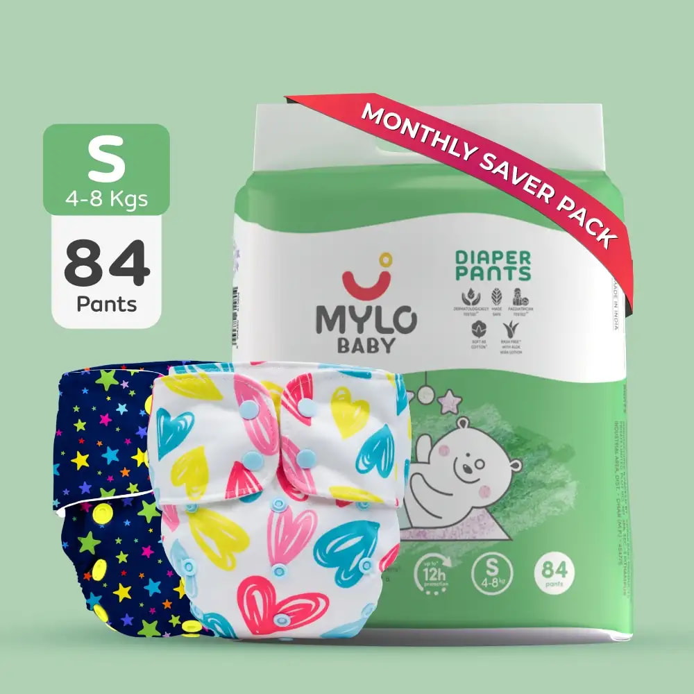Day & Night Diapering Super Saver Combo- Small (Diaper Pants - 84 Count + Printed Cloth Diapers - 2)
