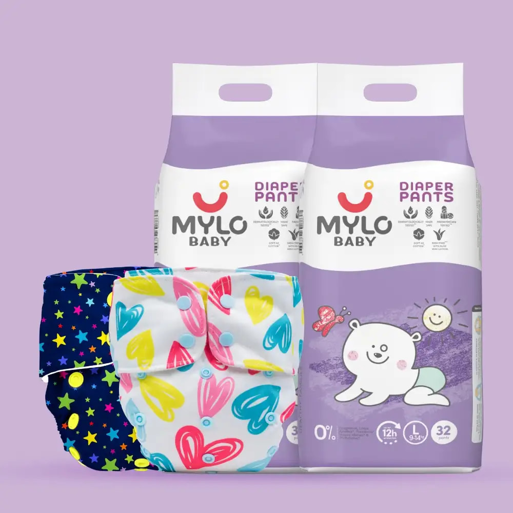 Day & Night Diapering Super Saver Combo- Large (Diaper Pants - Pack of 2 + Printed Cloth Diapers - 2)