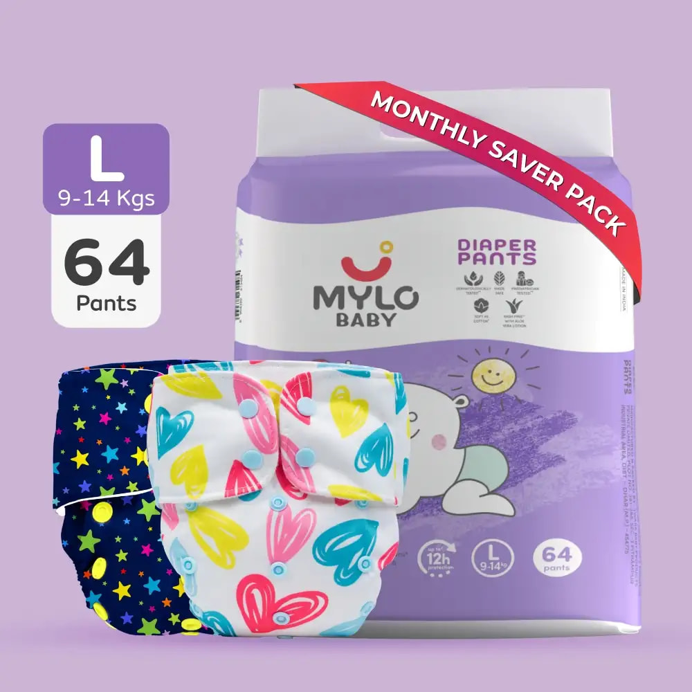 Day & Night Diapering Super Saver Combo- Large (Diaper Pants - 64 Count + Printed Cloth Diapers - 2)