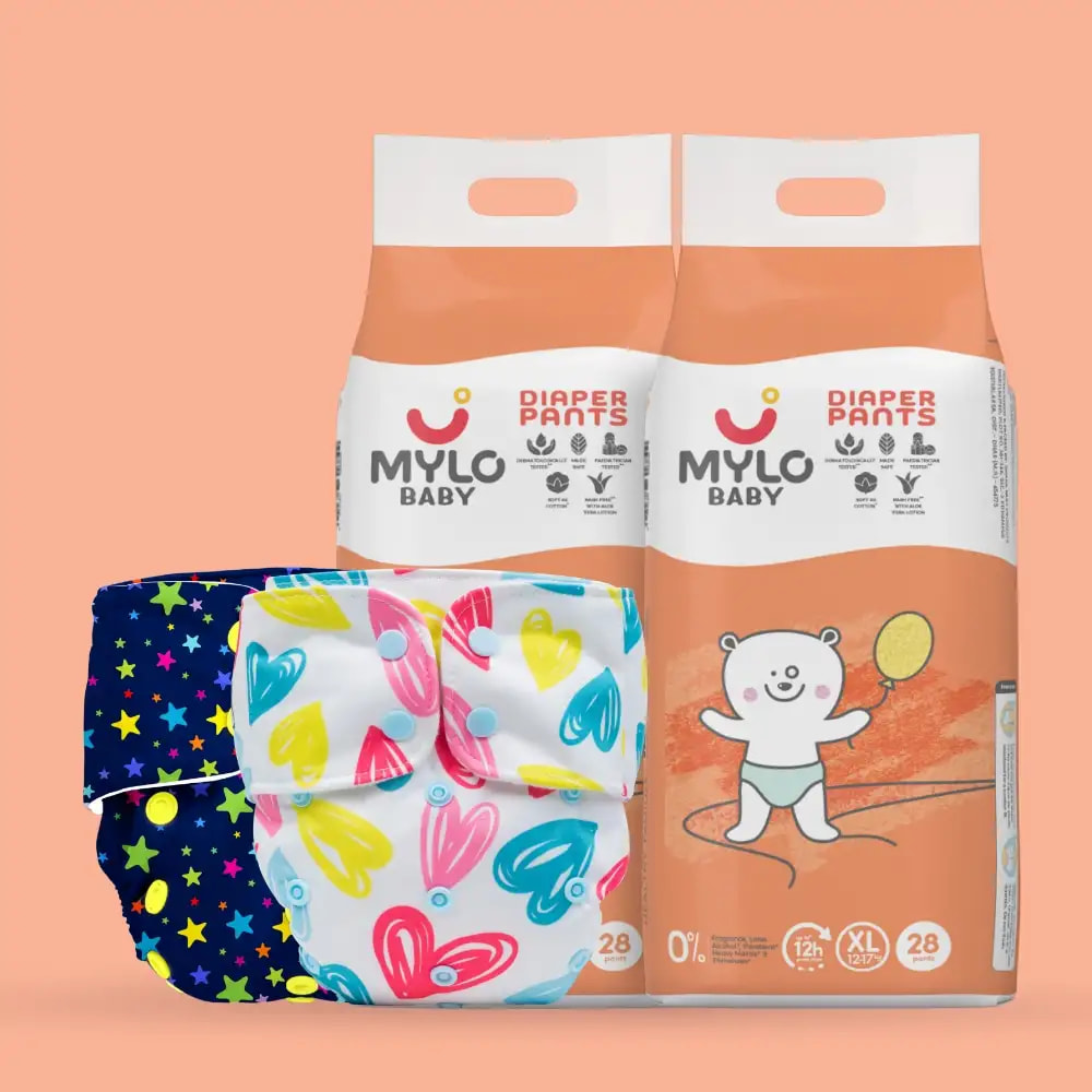 Day & Night Diapering Super Saver Combo- XL (Diaper Pants - Pack of 2 + Printed Cloth Diapers - 2)