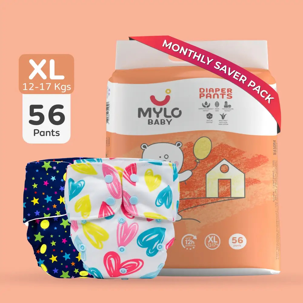 Day & Night Diapering Super Saver Combo- XL (Diaper Pants - 56 Count + Printed Cloth Diapers - 2)