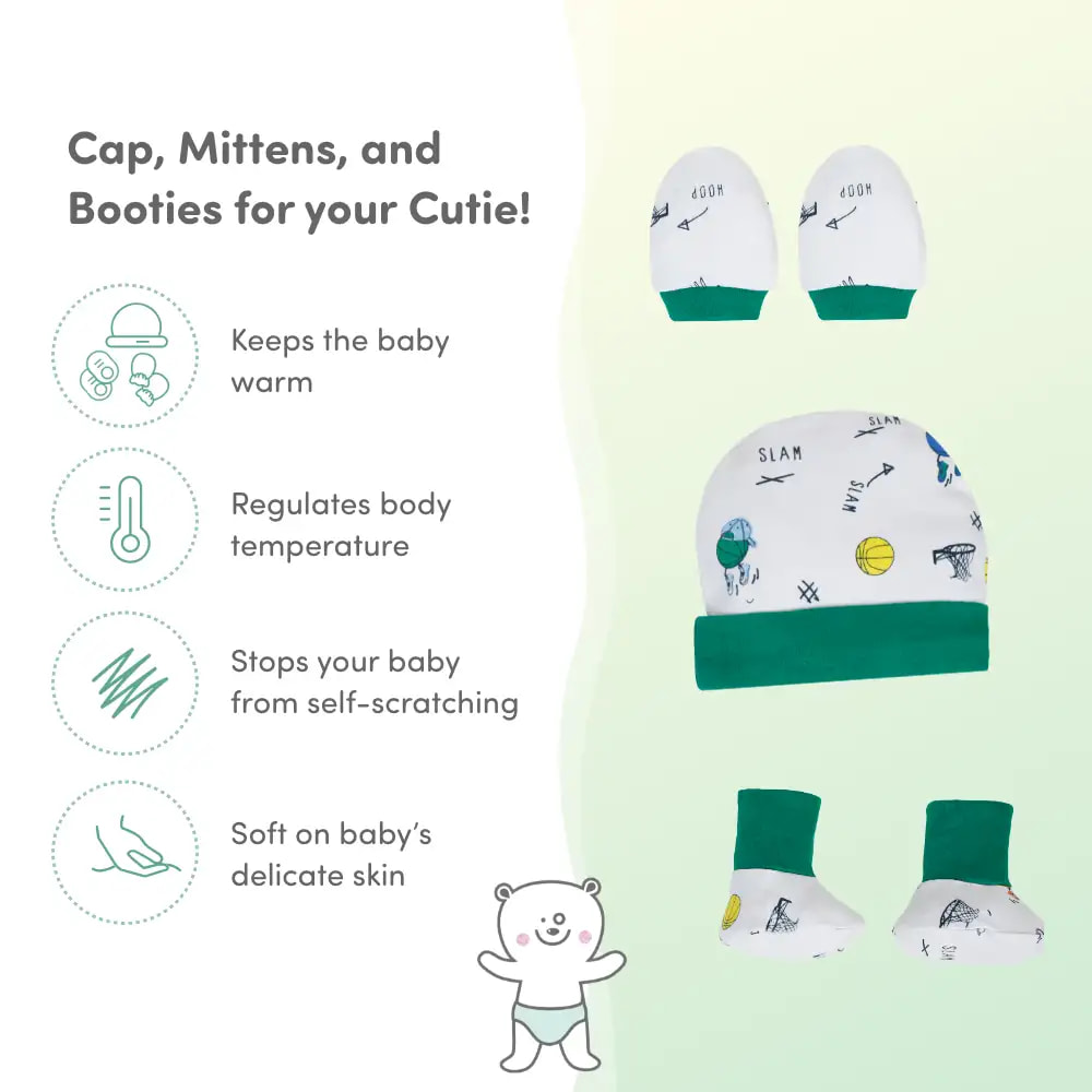 100% Cotton Baby Cap, Mittens, & Booties Set for New Born Baby | Keeps Baby Warm (0-6 Months) - Tiny Toss