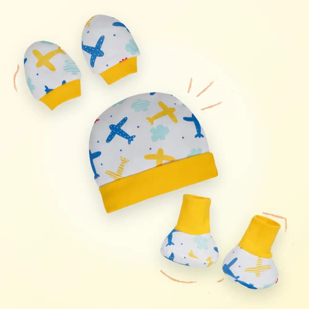 100% Cotton Baby Cap, Mittens, & Booties Set for New Born Baby | Keeps Baby Warm (0-6 Months) - Air Pals