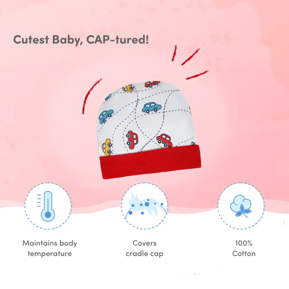 100% Cotton Baby Cap, Mittens, & Booties Set for New Born Baby | Keeps Baby Warm (0-6 Months) - Beep Beep