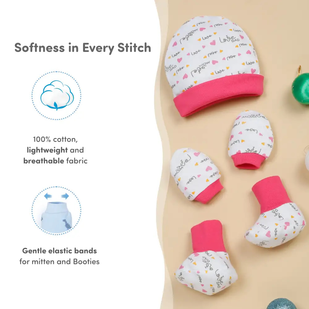 100% Cotton Baby Cap, Mittens, & Booties Set for New Born Baby | Keeps Baby Warm (0-6 Months) - Gentle Love