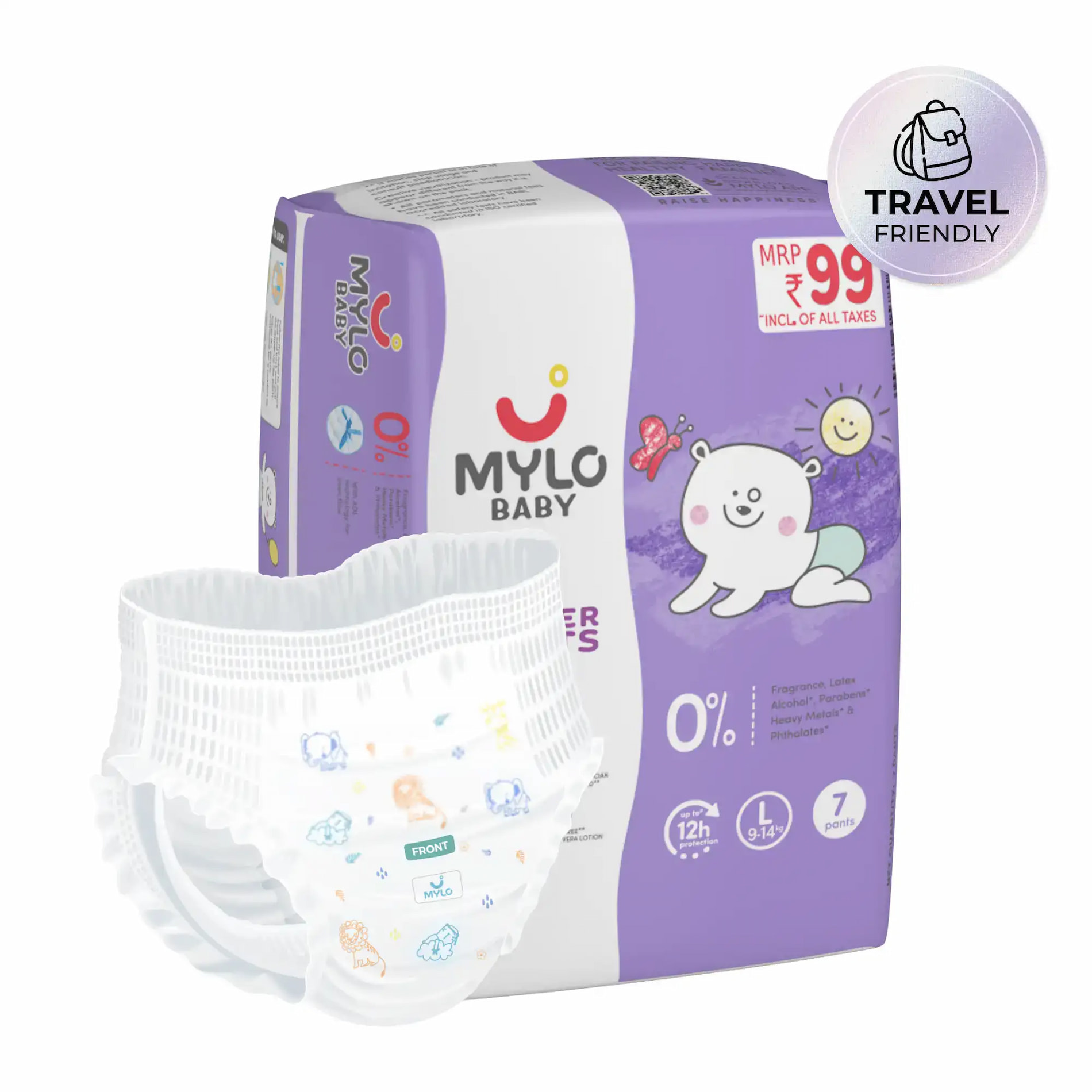 Mylo Baby Baby Diaper Pants Large (L) Size, 9-14 kgs with ADL Technology -7 Count - 12 Hours Protection