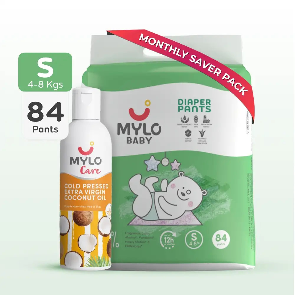 Super Saver Combo - Baby Diaper Pants Small (S) 8-4 kgs (84 count) Leak Proof+ Extra Virgin Coconut Oil (200ml)