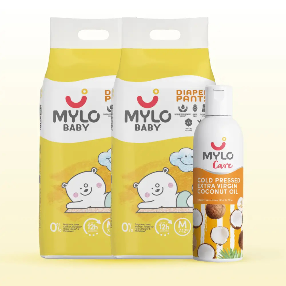 Super Saver Combo - Baby Diaper Pants Medium (M) - (76 count) + Extra Virgin Coconut Oil (200ml)