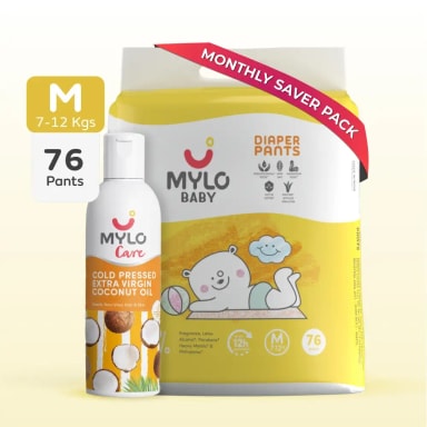 Super Saver Combo - Baby Diaper Pants Medium (M) 7-8 kgs - (76 count) Leak Proof + Extra Virgin Coconut Oil (200ml)