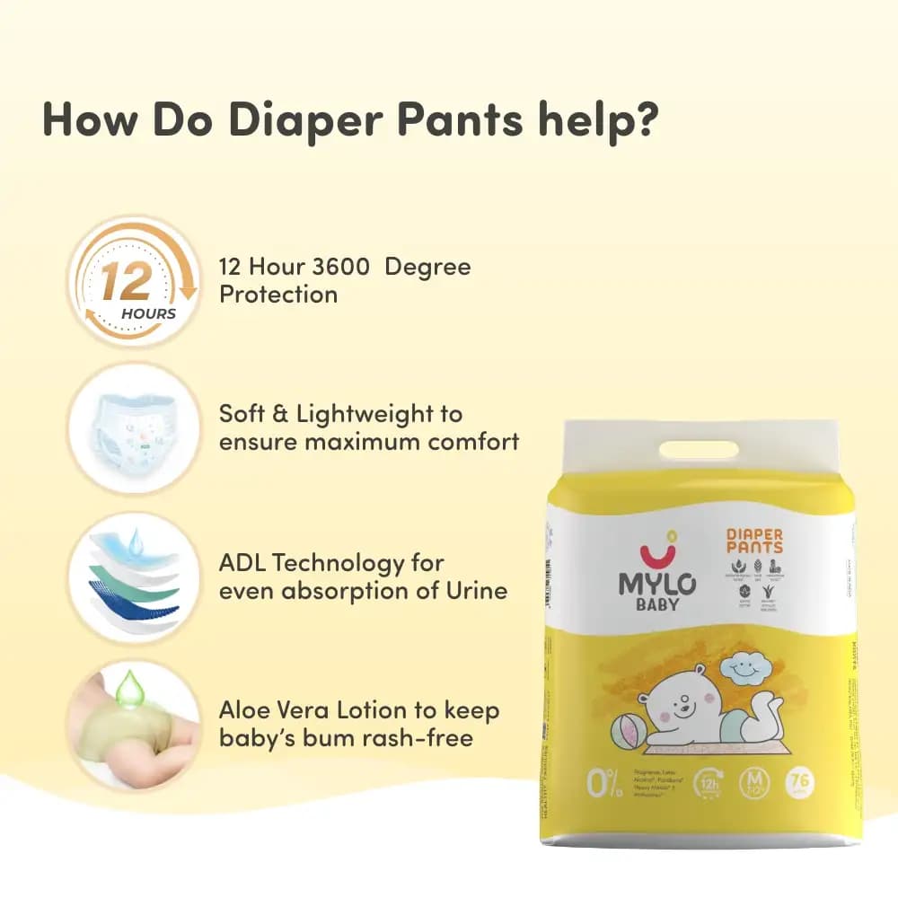 Super Saver Combo - Baby Diaper Pants Medium (M) Size 7-12 kgs (76 count) Leak Proof + Tummy Roll On For Baby For Gas & Colic - 40 ml