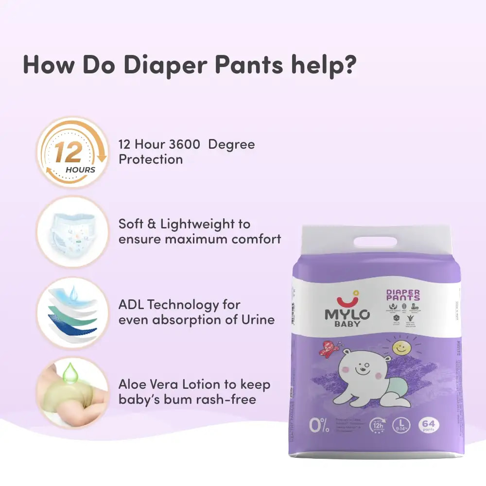 Super Saver Combo - Baby Diaper Pants Large (L) Size 9-14 kgs (64 count) Leak Proof + Tummy Roll On For Baby For Gas & Colic - 40 ml