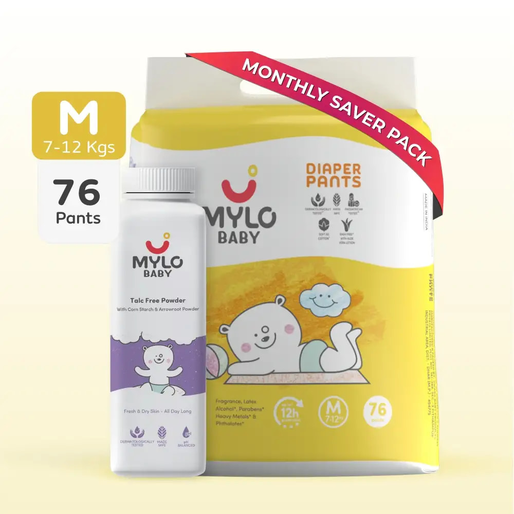 Baby Diaper Pants Medium (M) Size 7-12 kgs (76 count) + Baby Powder - 300 gm