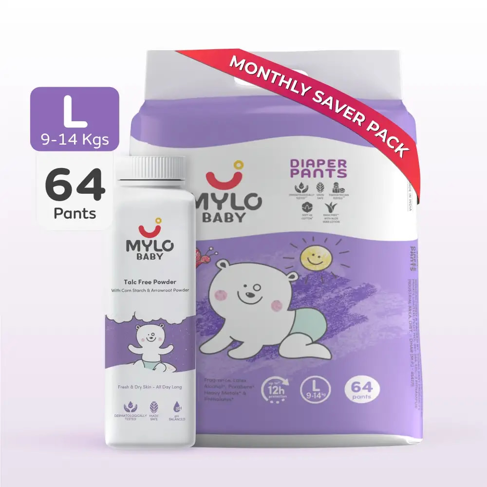 Baby Diaper Pants Large (L) Size 9-14 kgs (64 count) + Baby Powder - 300 gm