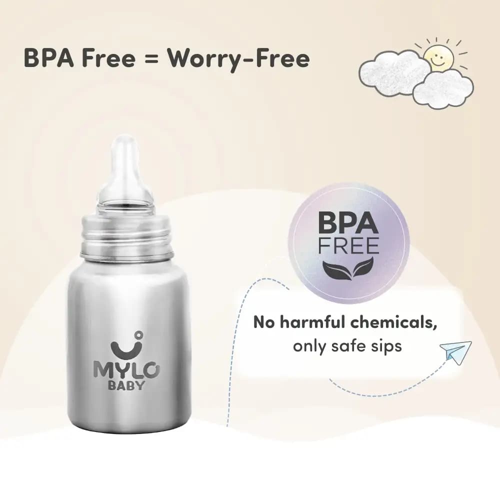 Stainless Steel Feeding Sipper Bottle | BPA Free | Anti-Colic | 100% Food Grade | Feels Natural Baby Bottle | Non-toxic Rust Free - 150 ml
