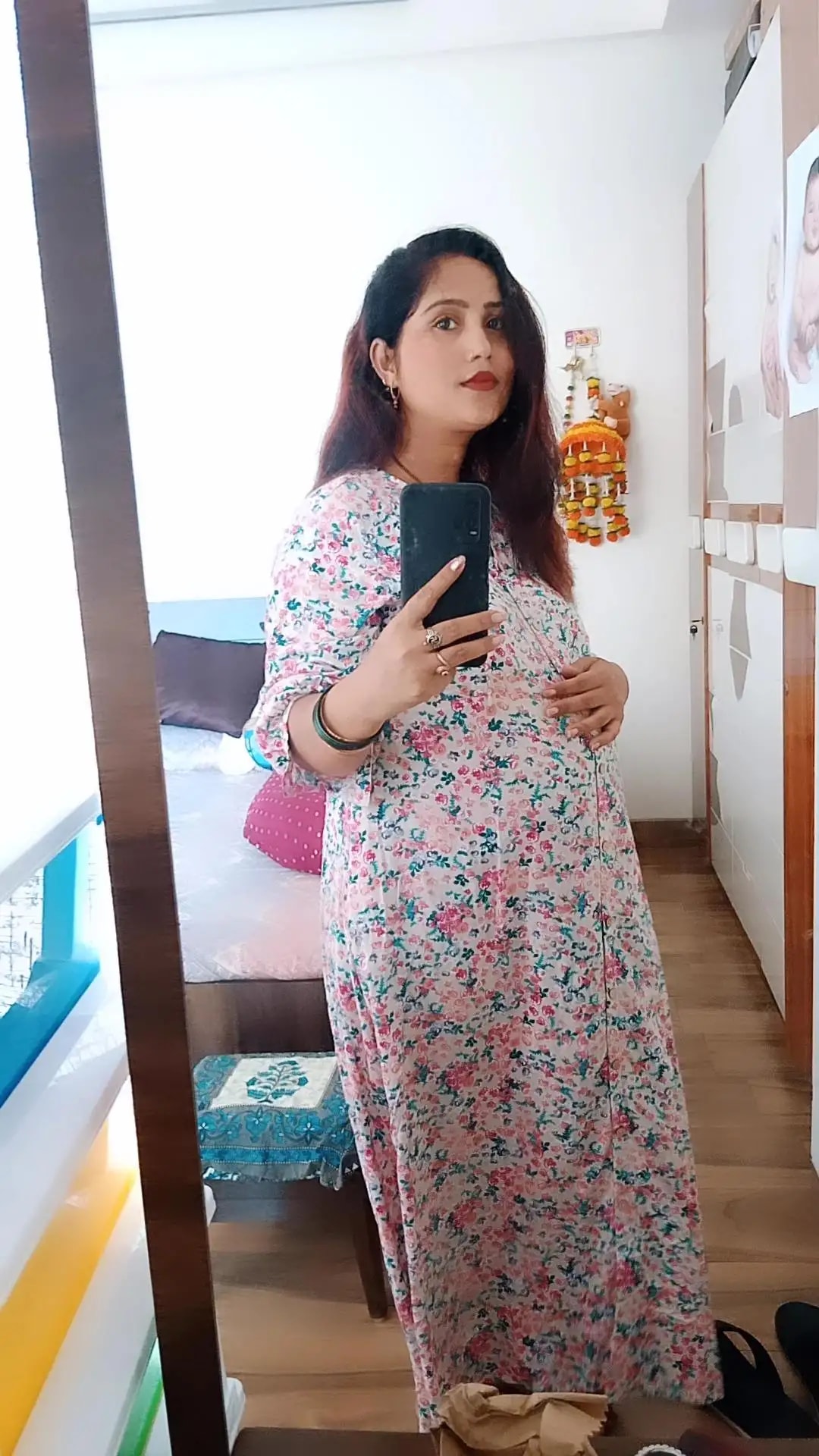 Pre & Post Maternity /Nursing Midi Dress with both sides Zipper for Easy Feeding – Floral - Grey–L