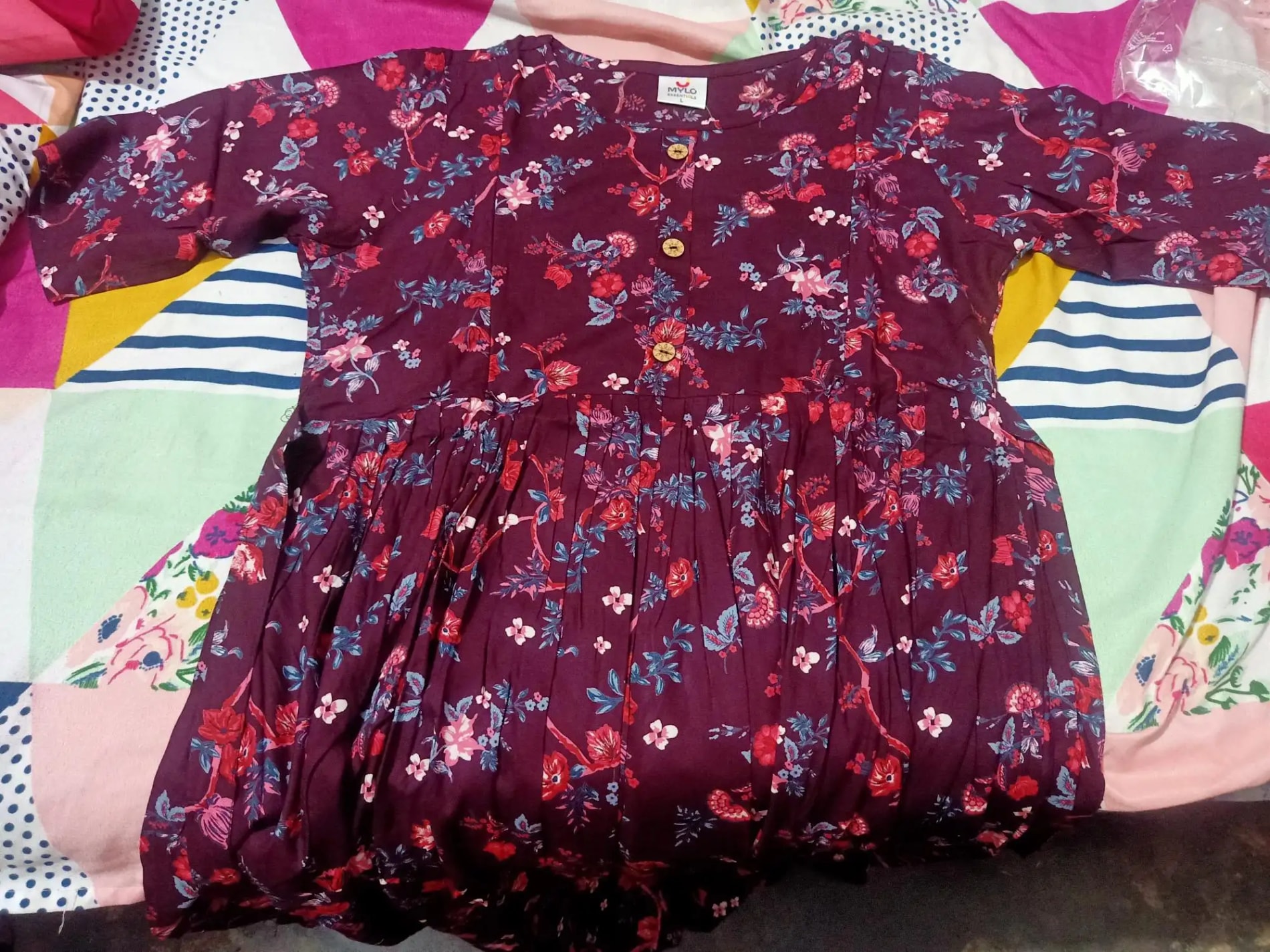 Pre & Post Maternity /Nursing Midi Dress with both sides Zipper for Easy Feeding – Floral - Grey–L