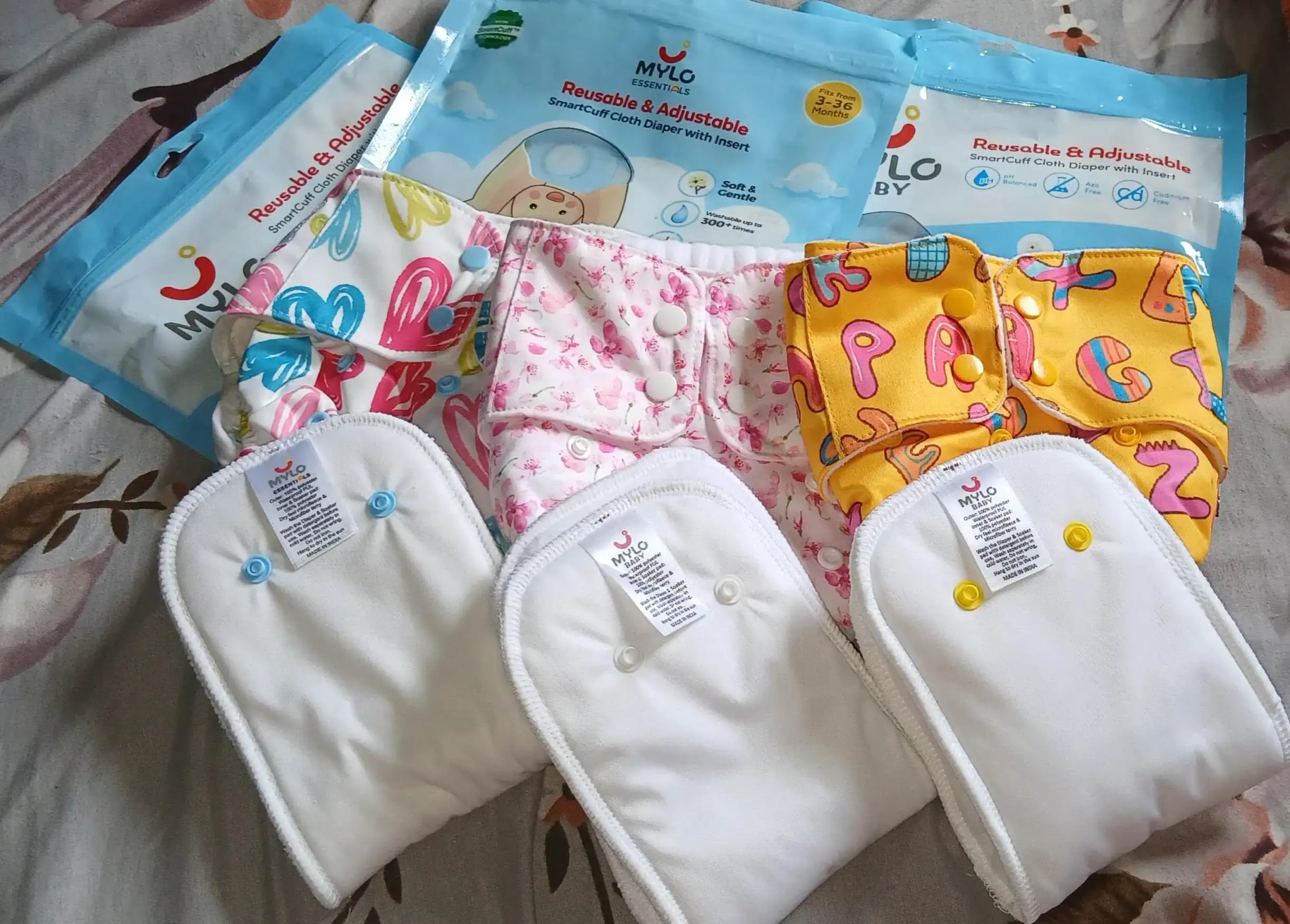 Adjustable Washable & Reusable Cloth Diaper With Dry Feel, Absorbent Insert Pad (3M-3Y) Prevents Rashes - Floral Spring - Pack of 1