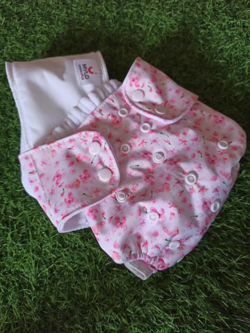 Adjustable Washable & Reusable Cloth Diaper With Dry Feel, Absorbent Insert Pad (3M-3Y) Prevents Rashes - Floral Spring - Pack of 1
