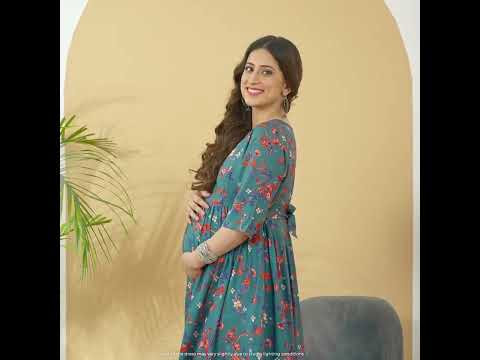 Maternity Dresses For Women with Both Side Zipper For Easy Feeding | Adjustable Belt for Growing Belly | Maxi Dress | Garden Flowers - Teal | M